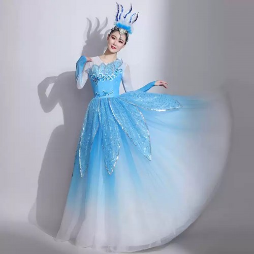 Women chinese folk dance dress opening pink green blue petals flamenco dance dresses spanish bull dance swing skirts modern dance long gown